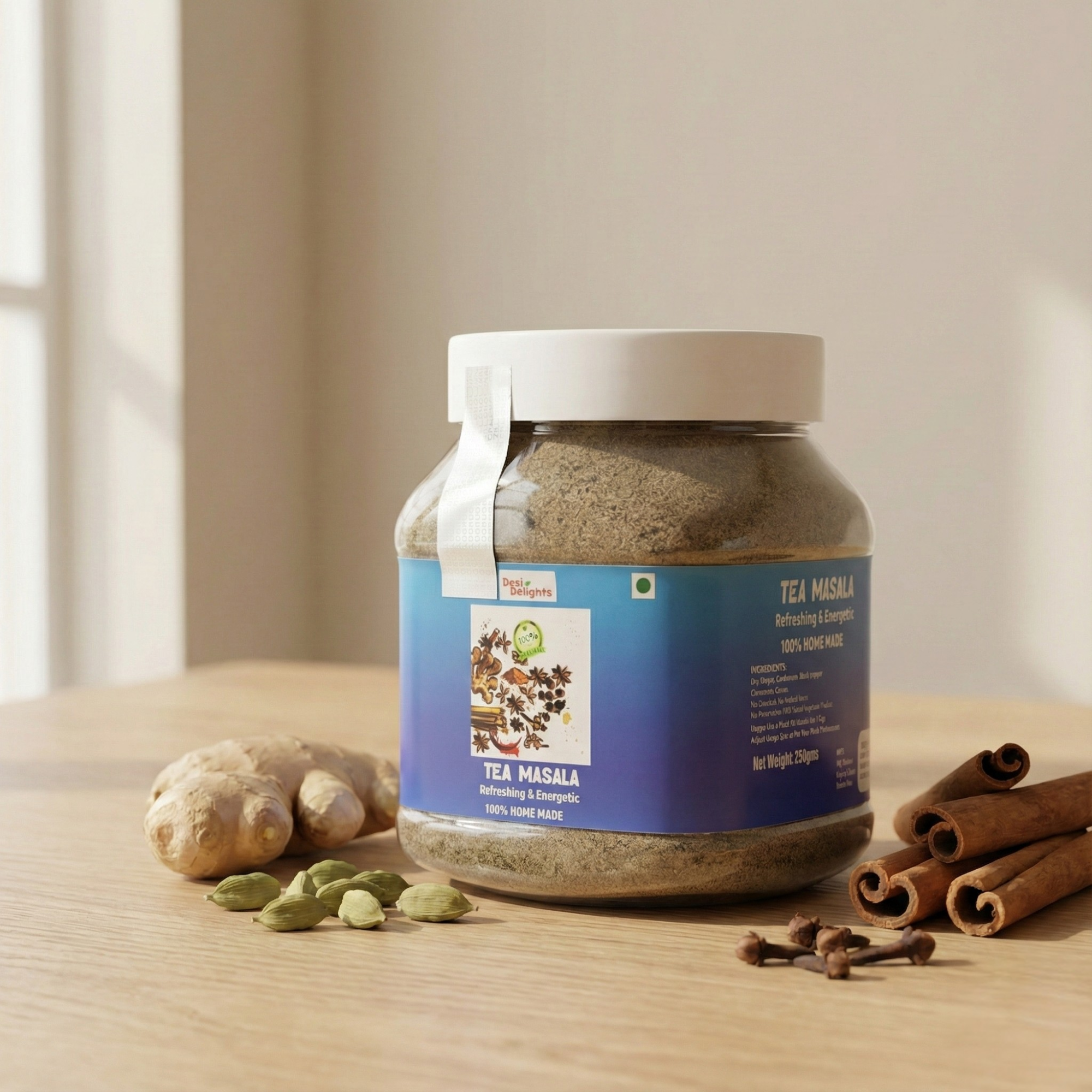 Assorted Indian food items including roti, dal, rice, and a jar of Dastaar Delights on a wooden table.