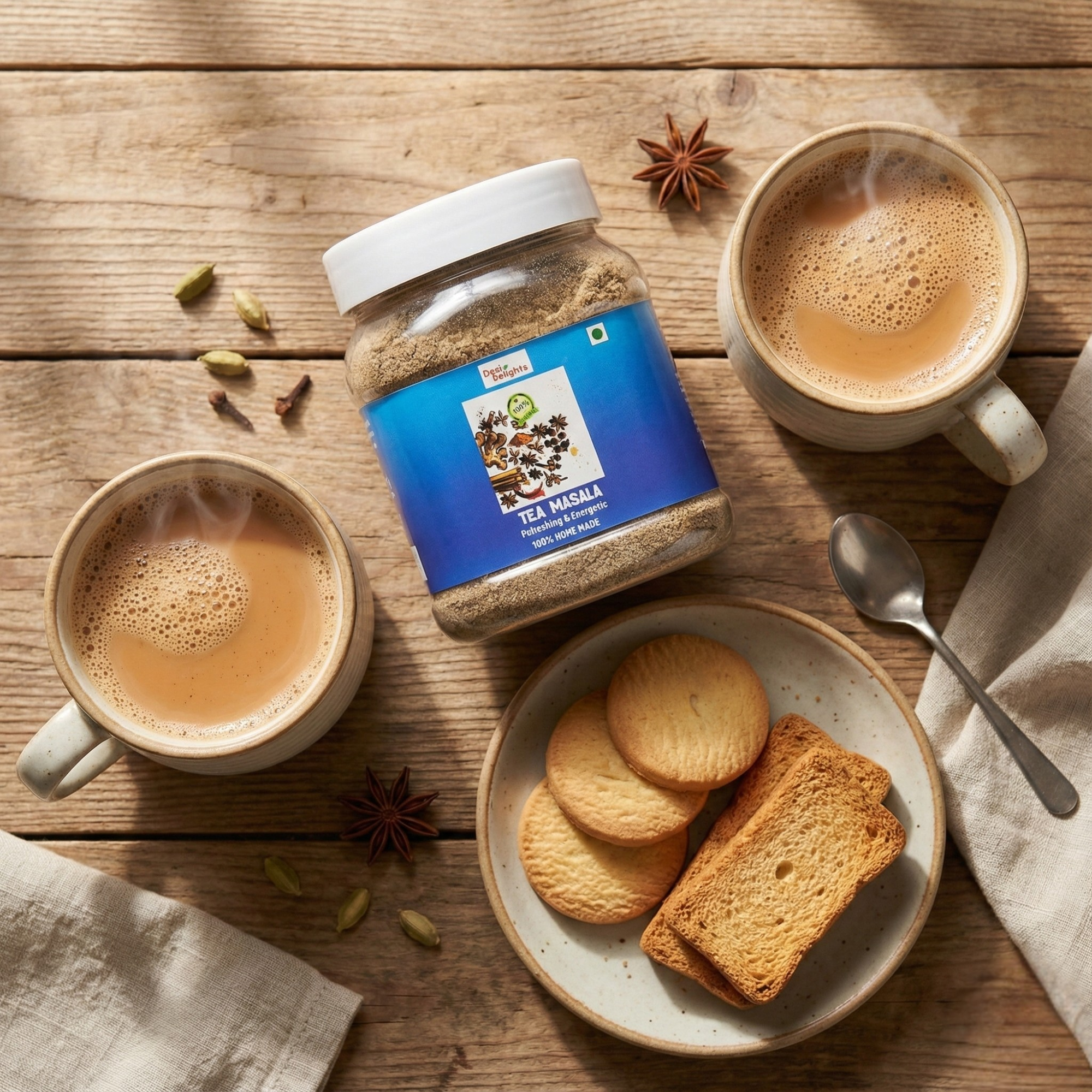 Tea masala jar with two cups of tea and a plate of cookies on a wooden table.