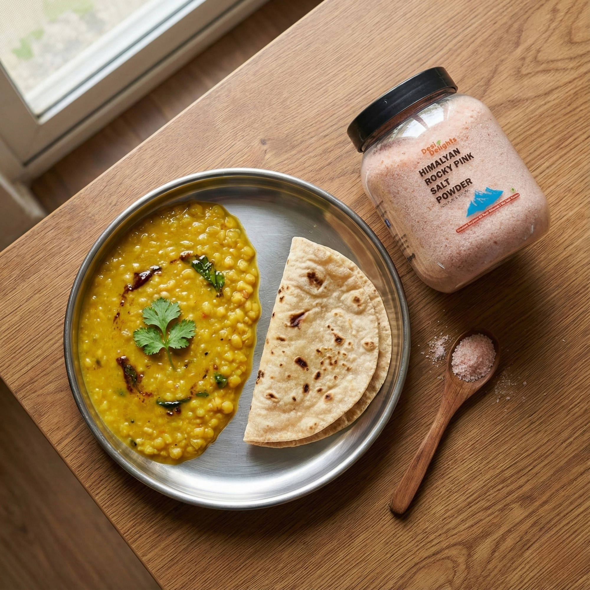 Plate of yellow dal with naan bread and a jar of pink salt on a wooden table.
