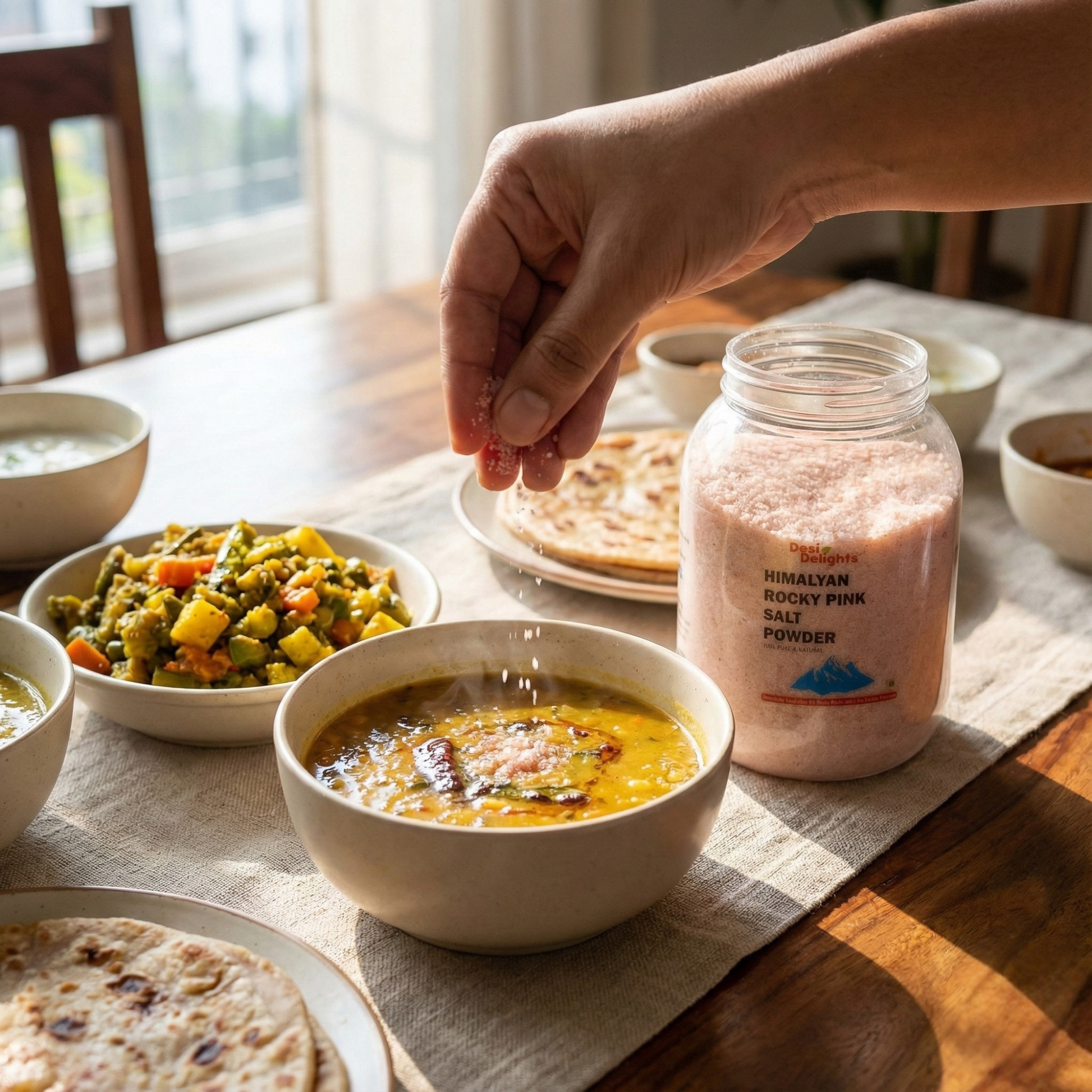 Desi Delights ghee container with a flatbread spread with ghee on a kitchen counter.