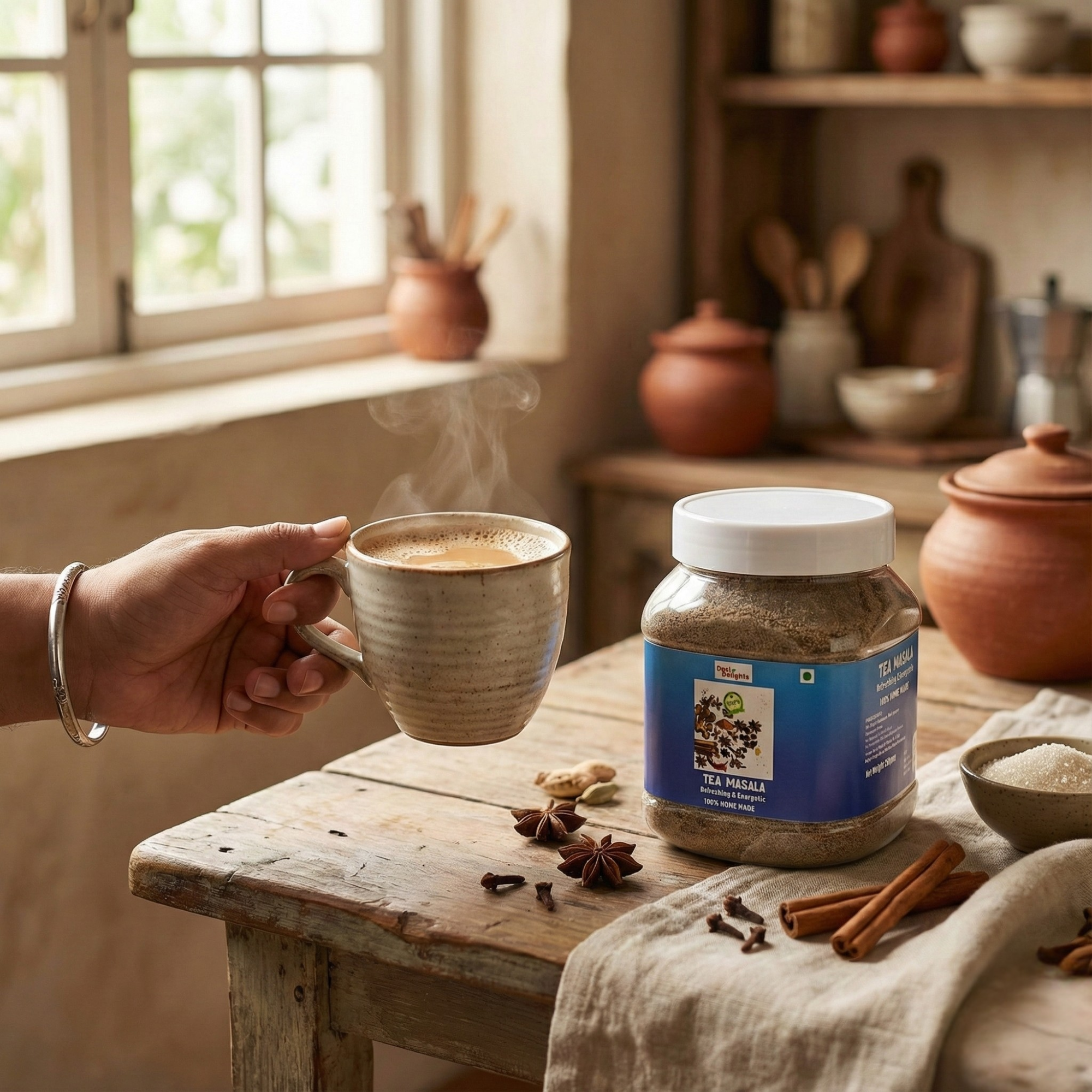 Person holding a steaming cup of coffee next to a jar of tea on a wooden table.