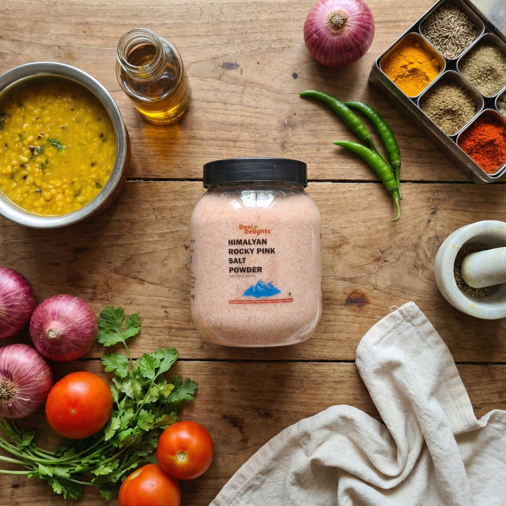 Jar of Himalayan Rock Pink Salt Powder on a wooden table with spices and vegetables