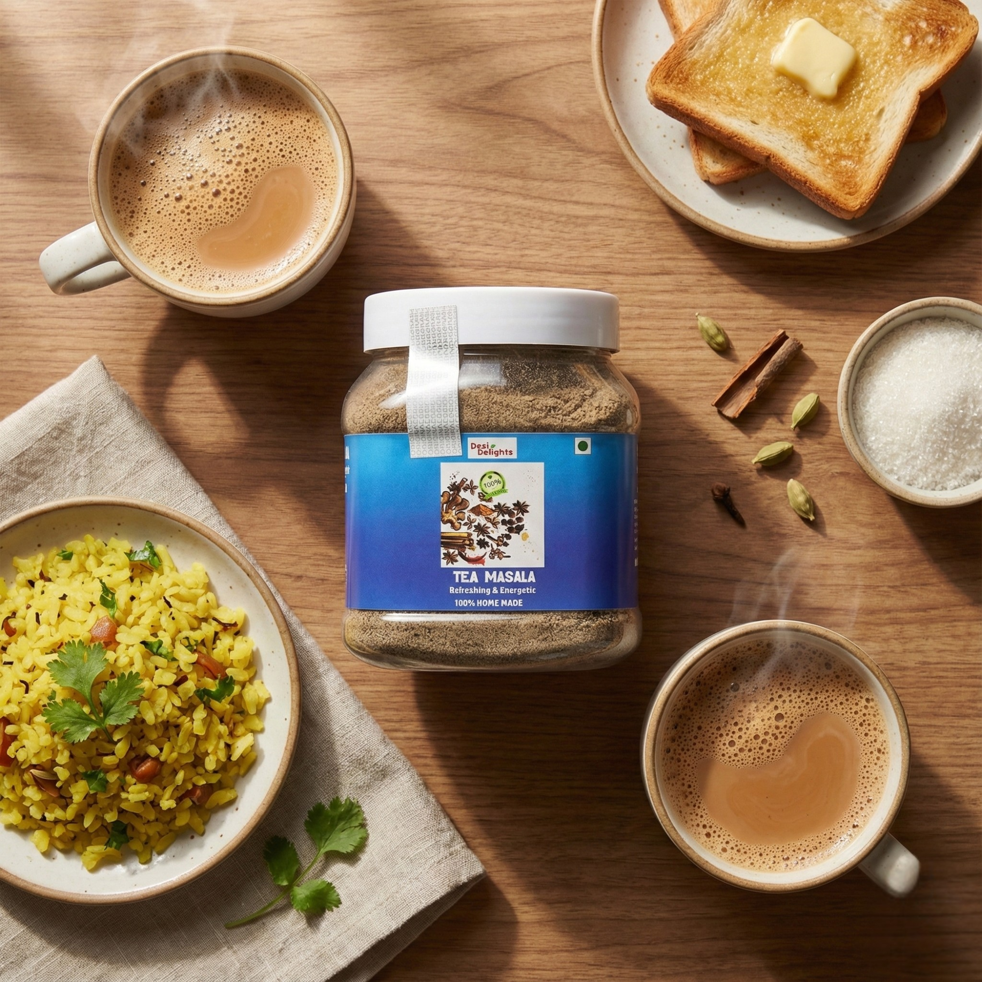 Jar of tea masala with two steaming cups of tea and a plate of toast and rice on a wooden table.