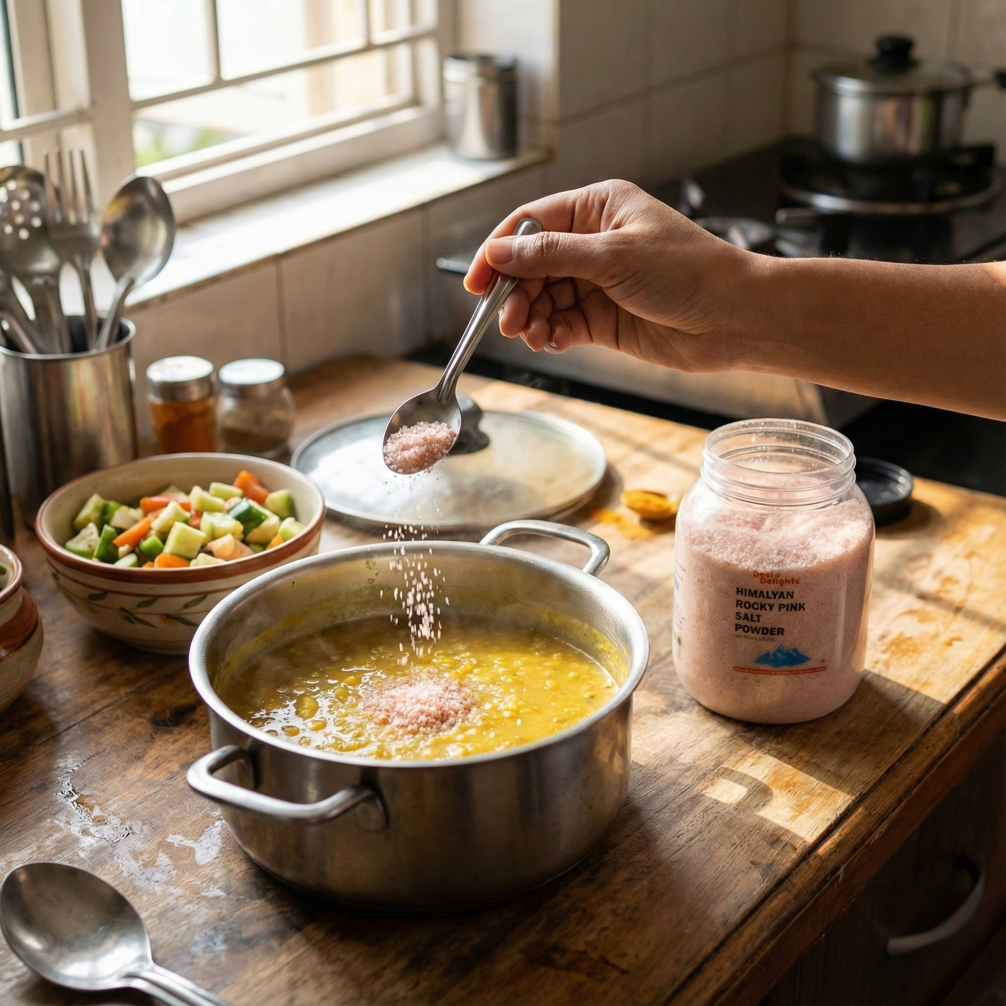 Desi Delights ghee being poured from a jar into a bowl on a wooden surface.
