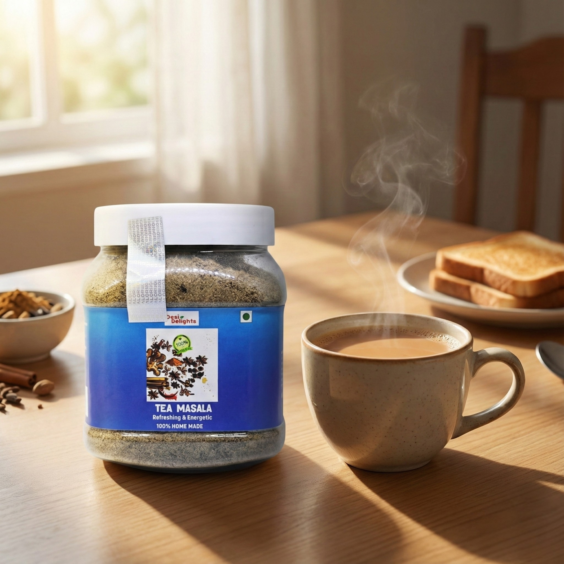 Jar of Tea Masala with a steaming cup of tea on a table with toast in the background
