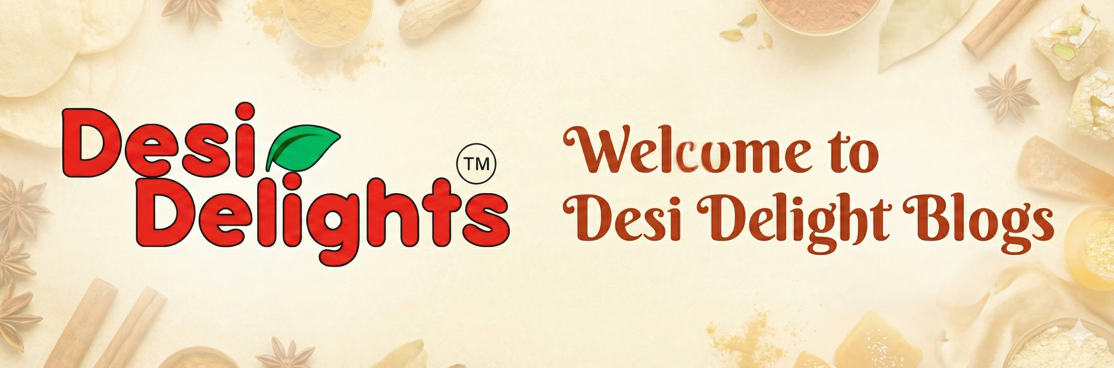 Desi Delights banner with logo and text on a light background